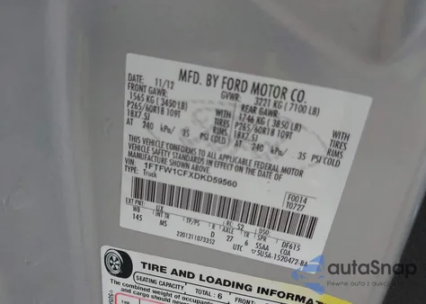 2013 Ford F-150 Xlt from USA, damaged, VIN 1FTFW1CFXDKD59560